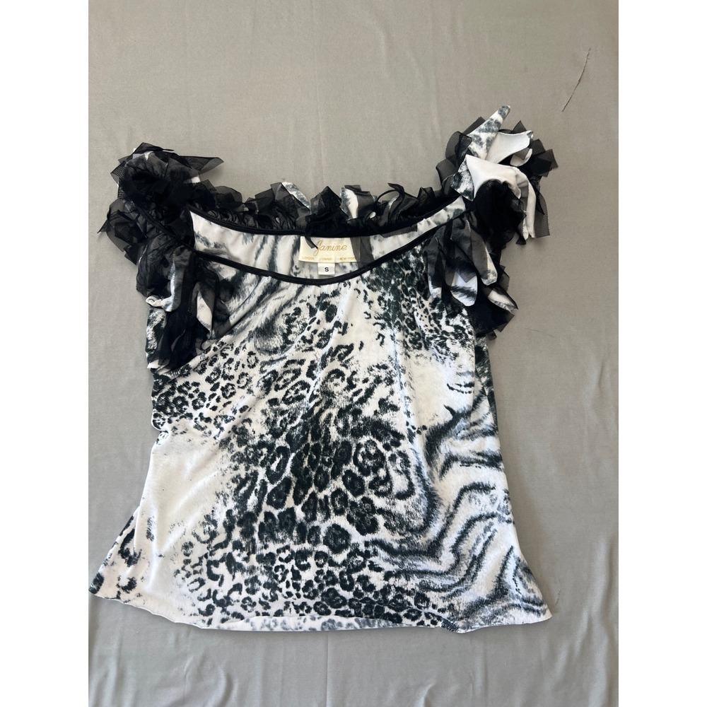 Janine London Paris New York Animal Print Tulle Ruffle Shoulder  Black White S